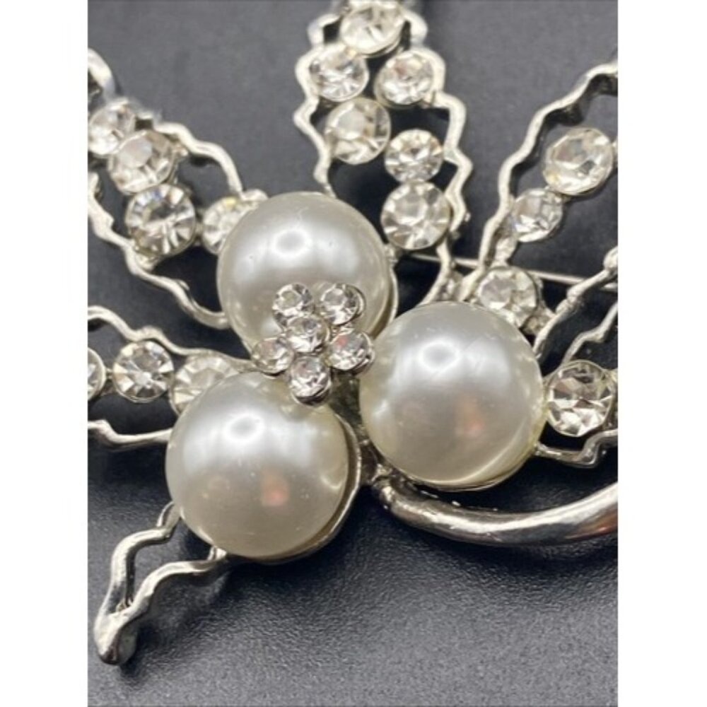 Crystal Bridal Brooch Pin Faux Pearl Silver Tone Filigree Leaves Prom Pageant 2" - Picture 6 of 9